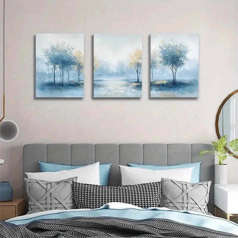 3pcs Serene Blue And Golden Tree Painting Metal Print Ready to Hang Art