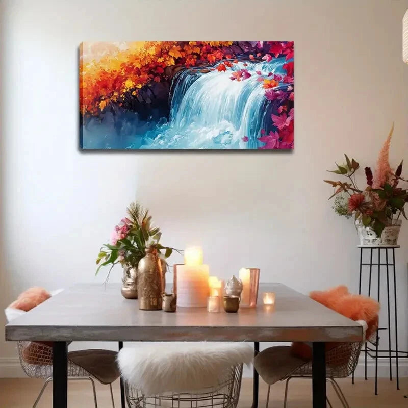 Vibrant Waterfall Scene Foliage Wall Art Canvas Office Home Room Framed 120x60cm - Bella Home Decor