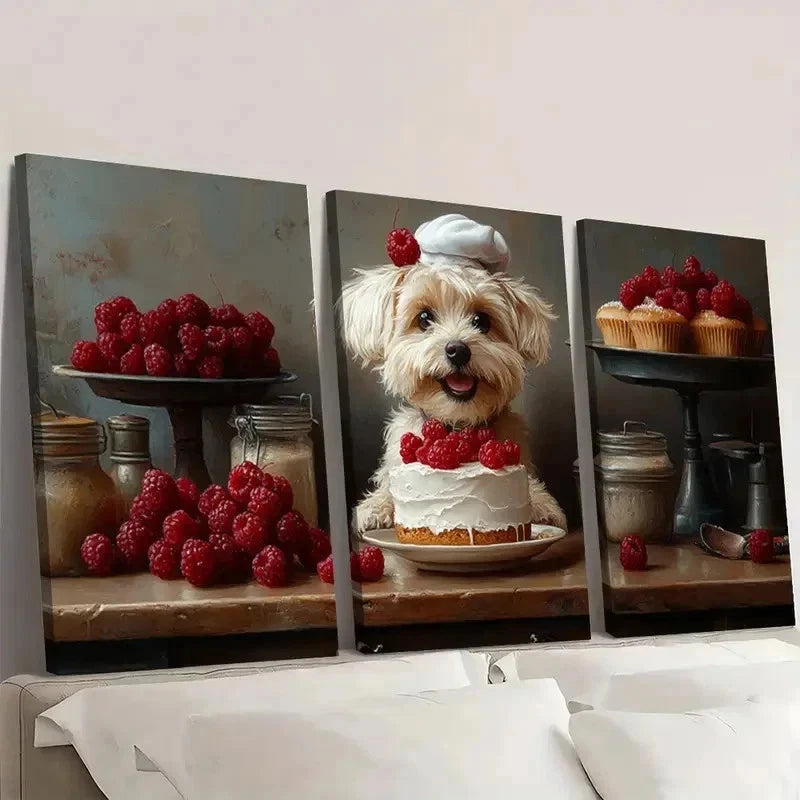 3pcs Whimsical Dog The Happy Baker DI    Wall Art Set Canvas Framed 40x60cm - High Quality Print 100% Australian Made Wall Canvas Ready to Hang - Bella Home Decor