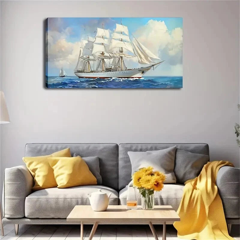 Under A Clear Sky Sailboat Wall Art Canvas Office Home Room Framed 120x60cm - Bella Home Decor