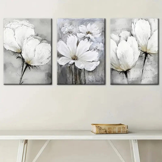 3pcs White Floral Abstract Metal Print Ready to Hang Art