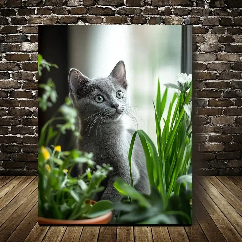Adorable Russian Blue Kitten with Flowers Painting 40x60cm Metal Print Ready to Hang - Bella Home Decor
