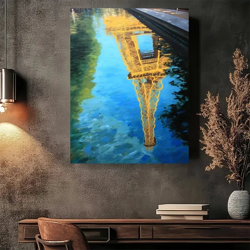 Beautiful Eiffel Tower Reflection On Water Painting 40x60cm Metal Print Ready to Hang - Bella Home Decor