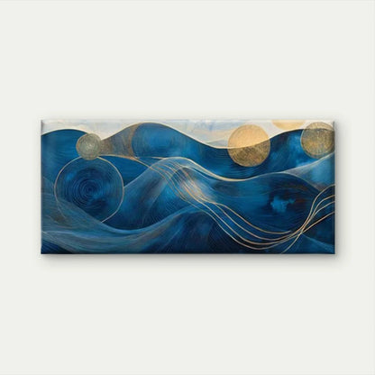 Abstract Waves Golden Blue Wall Art Canvas Office Home Room Framed 120x60cm