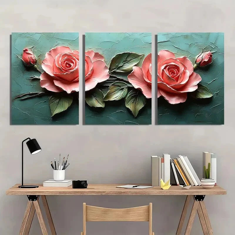 3pcs Pink Roses Elegant Floral Metal Print Ready to Hang Art - Bella Home Decor