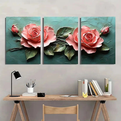 3pcs Pink Roses Elegant Floral Metal Print Ready to Hang Art - Bella Home Decor