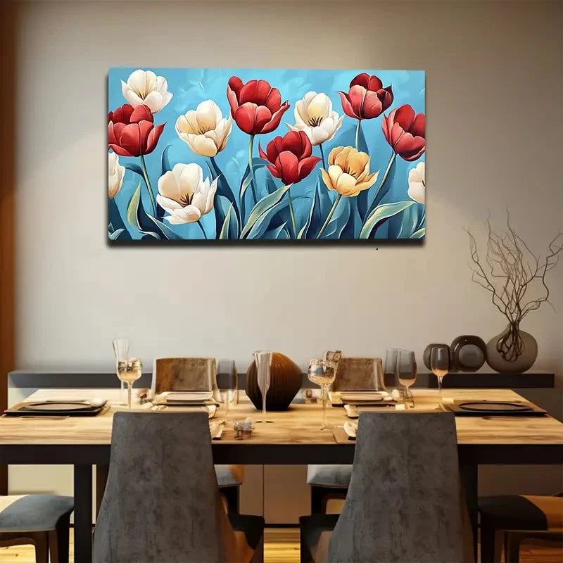 Vibrant Red & White Floral Wall Art canvas office home room framed 120x60cm