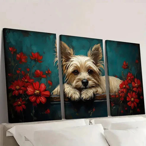 3pcs Red Flowers & Green Leaves Dog CD Wall Art Set Canvas Unframed - High Quality Print 100% Australian Made Wall Canvas