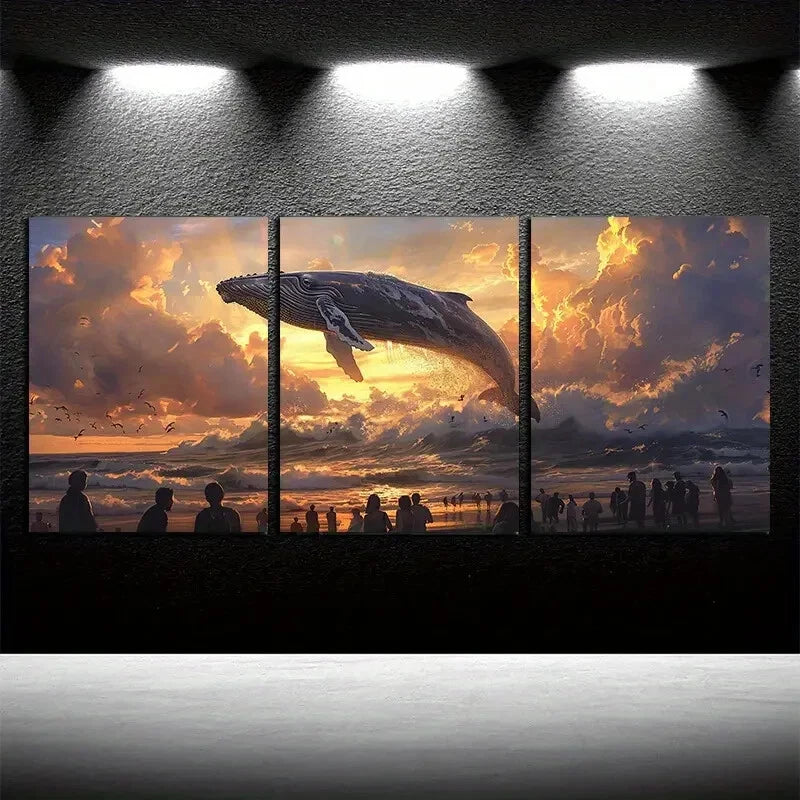 3pcs Massive Whale Surging Sea Illustration Metal Print Ready to Hang Art - Bella Home Decor