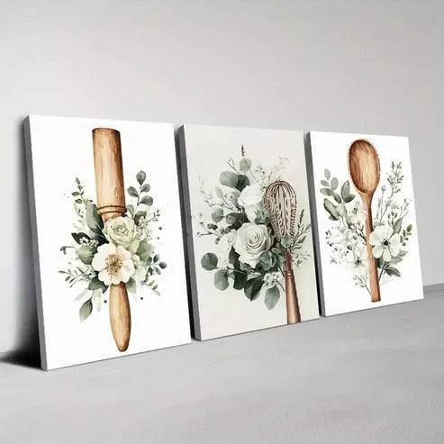 3pcs Beautiful Charming White Floral Kitchenware Wall Art Canvas Unframed - High Quality Print 100% Australian Made Wall Canvas