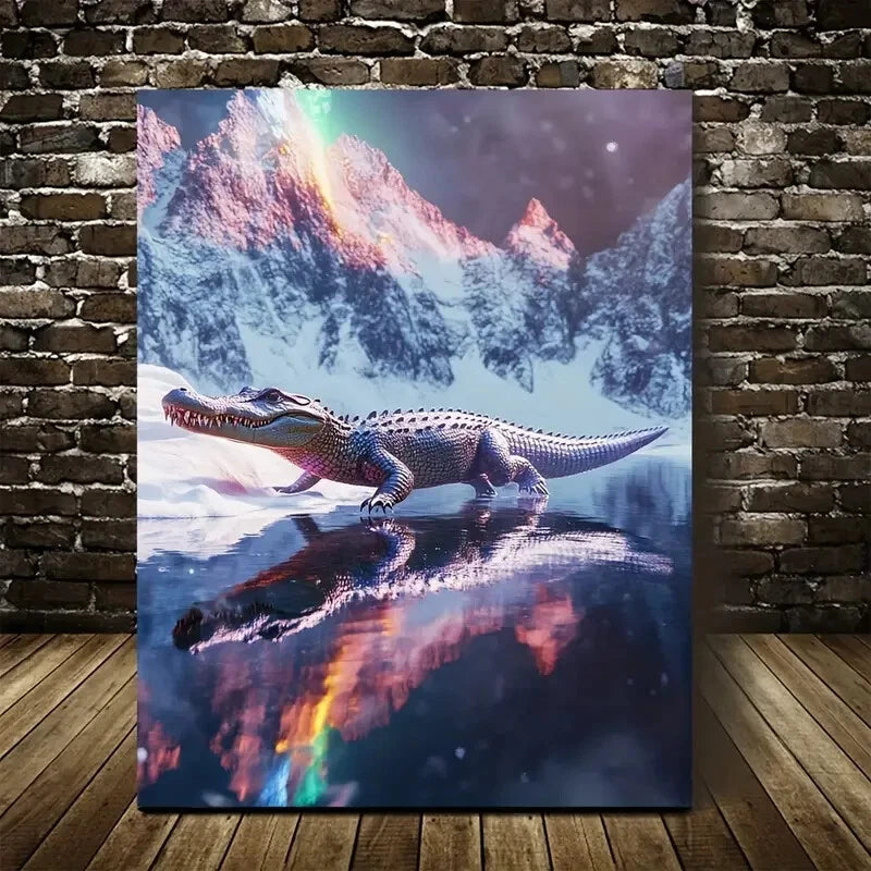 Crocodile Running Happily On a Snowy Mountain Painting 40x60cm Metal Print Ready to Hang - Bella Home Decor