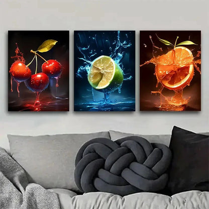 3pcs Orange and Cherry Water Droplet Design Metal Print Ready to Hang Art