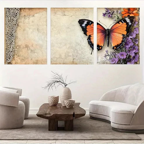 3pcs Rustic Floral Lace Vintage Butterfly Wall Art Set Canvas Framed 60x90cm - High Quality Print 100% Australian Made Wall Canva