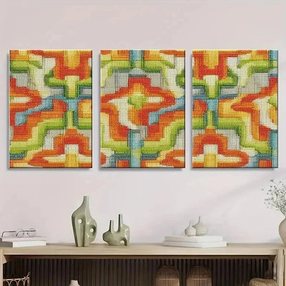 3pcs Modern Geometric Cross Stitch Pattern Wall Art Set Canvas Framed 50x70cm - High Quality Print 100% Australian Made Wall Canvas Ready to Hang