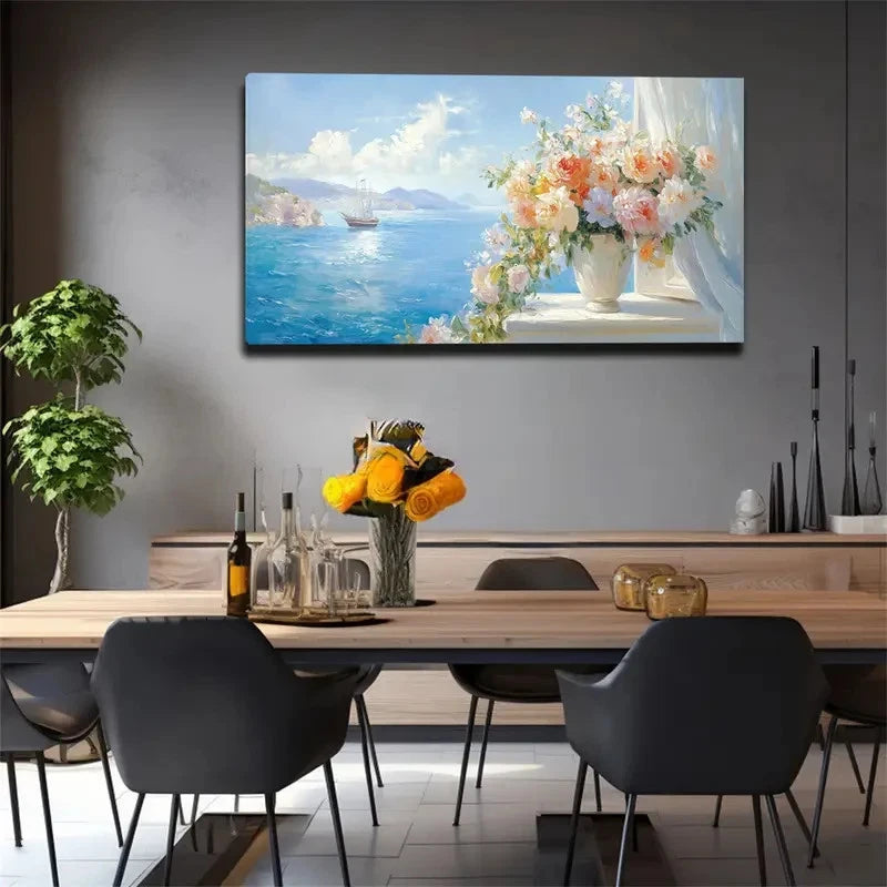 Serene Seascape & Floral Wall Art canvas office home room framed 120x60cm