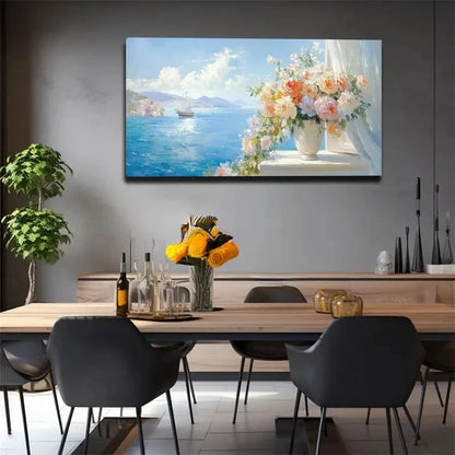 Serene Seascape & Floral Wall Art canvas office home room framed 120x60cm