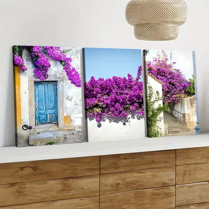 3pcs Portuguese Purple Florals Green Leaves Wall Art Set Canvas Unframed - High Quality Print 100% Australian Made Wall Canvas