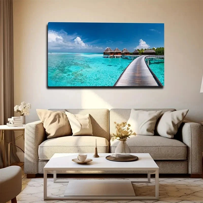 Tropical Beach Villa Wall Art Canvas Office Home Room Framed 120x60cm