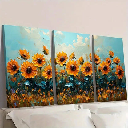 3pcs Yellow & Orange Flowers on Blue  TY   Wall Art Set Canvas Framed 60x90cm - High Quality Print 100% Australian Made Wall Canvas Ready to Hang - Bella Home Decor