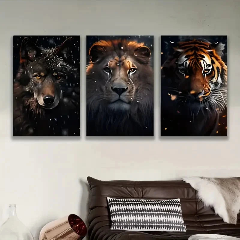 3pcs Majestic Lion Wolf & Tiger Wall Art Set Canvas Framed 50x70cm - High Quality Print 100% Australian Made Wall Canvas Ready to Hang