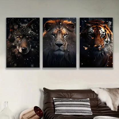 3pcs Majestic Lion Wolf & Tiger Wall Art Set Canvas Framed 50x70cm - High Quality Print 100% Australian Made Wall Canvas Ready to Hang