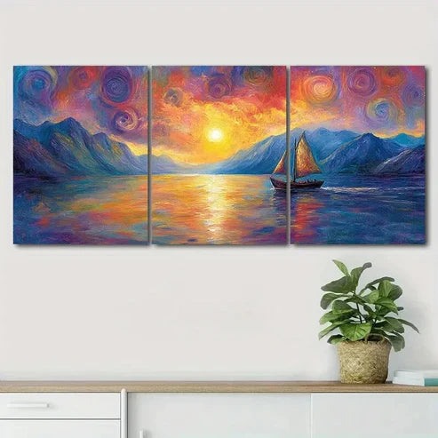 3pcs Boat Navigating On The River Perfect Wall Art Canvas Unframed - High Quality Print 100% Australian Made Wall Canvas - Bella Home Decor