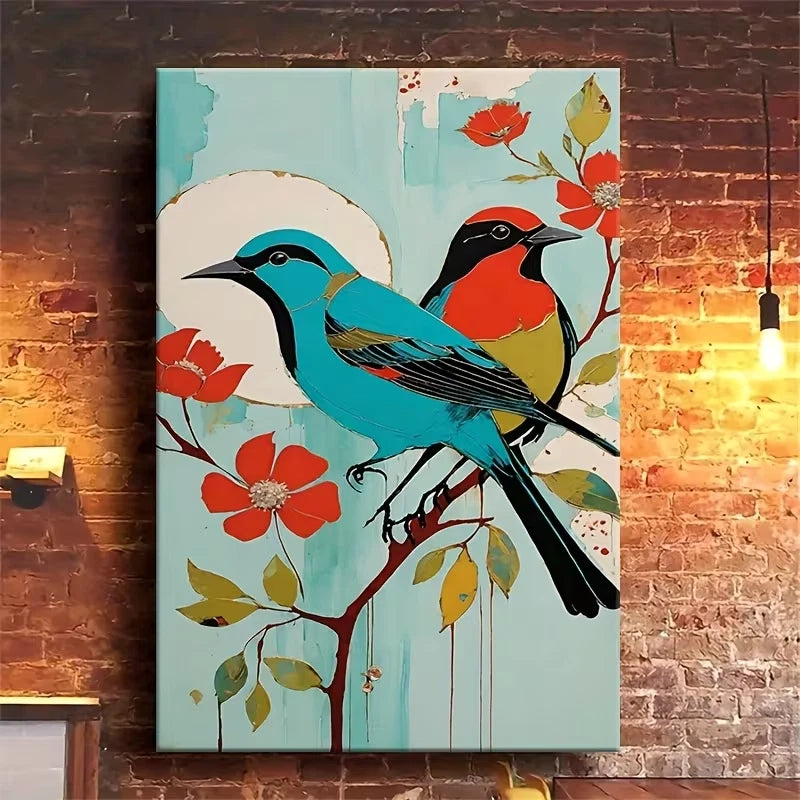 Two Little Birds in Tree Oil Painting 60x90cm Metal Print Ready to Hang