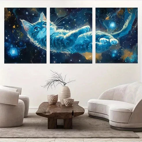 3pcs Vibrant Blue Cosmic Cat Adventure Wall Art Canvas Unframed - High Quality Print 100% Australian Made Wall Canvas