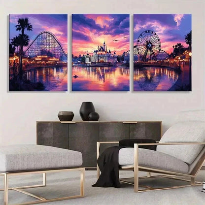 3pcs Theme Park Sunset Triptych Vibrant Perfect Wall Art Set Canvas Framed 60x90cm - High Quality Print 100% Australian Made Wall Canvas Ready to Hang