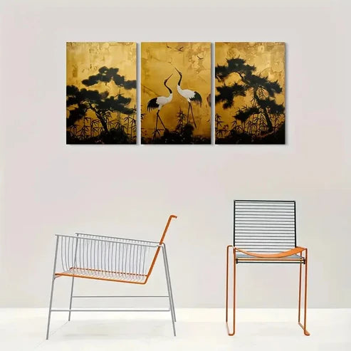 3pcs Golden Asian Crane Landscape Triptych Wall Art Canvas Unframed - High Quality Print 100% Australian Made Wall Canvas - Bella Home Decor