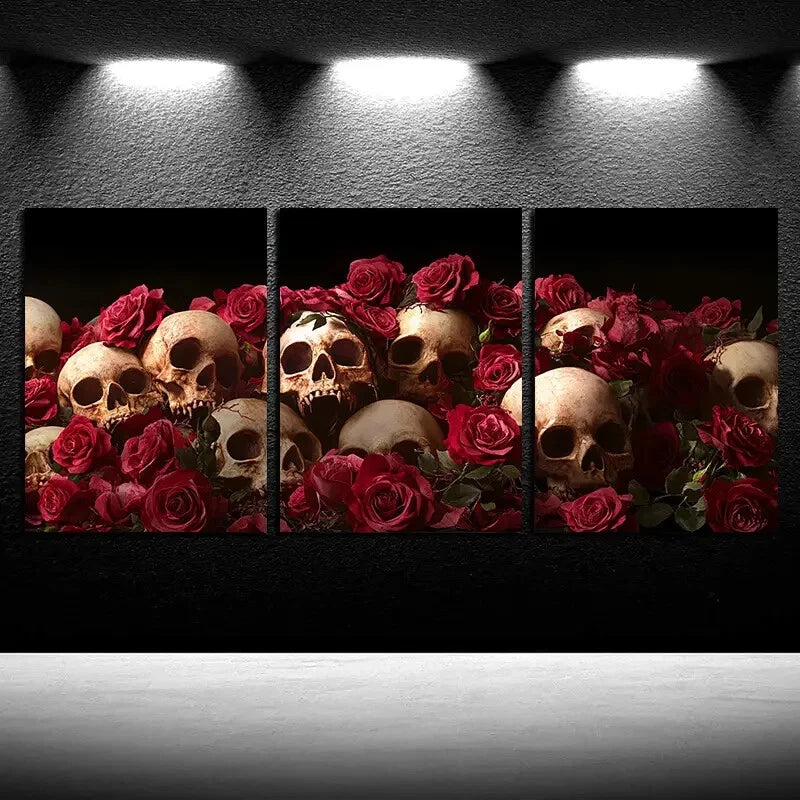 3pcs Vibrant Skeleton in the Flowers Metal Print Ready to Hang Art - Bella Home Decor