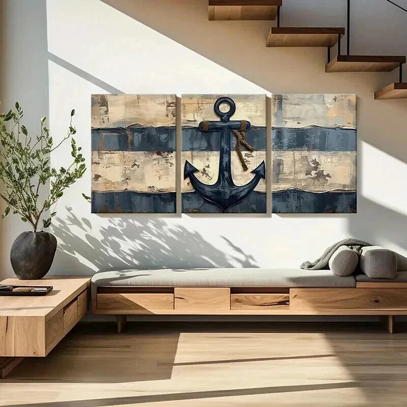 3pcs Nautical Rustic Old Ship Anchor Wall Art Set Canvas Framed 60x90cm - High Quality Print 100% Australian Made Wall Canvas Ready to Hang - Bella Home Decor