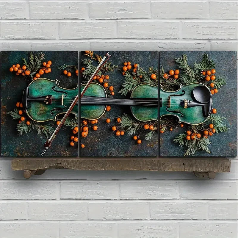 3pcs Chic Cello Trio Green Music Guitar Metal Print Ready to Hang Art - Bella Home Decor