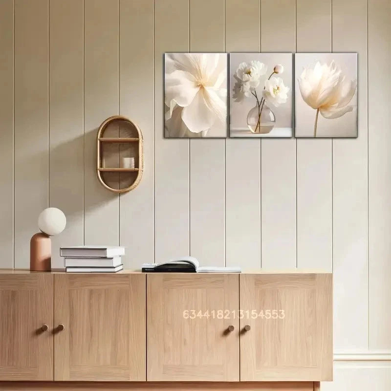 3pcs Artistic White Flowers Vase Simplicity Metal Print Ready to Hang Art - Bella Home Decor