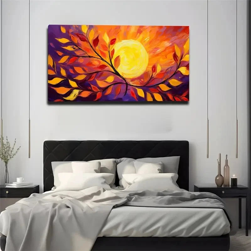 Vibrant Autumn Leaves Sun Wall Art Canvas Office Home Room Framed 120x60cm