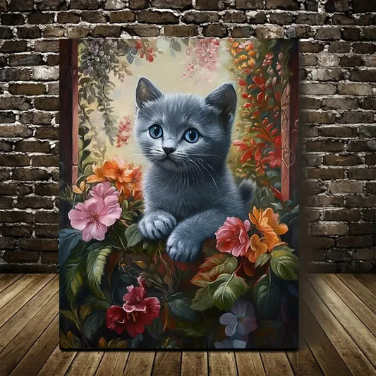 Cute Russian Blue Kitten with Vibrant Flowers  40x60cm Metal Print Ready to Hang - Bella Home Decor
