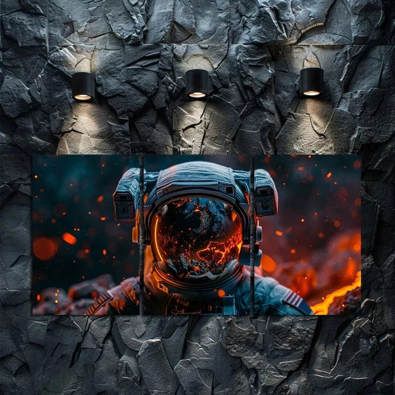3pcs Astronaut Helmet Earth Lava Reflection Metal Print Ready to Hang Art - Bella Home Decor