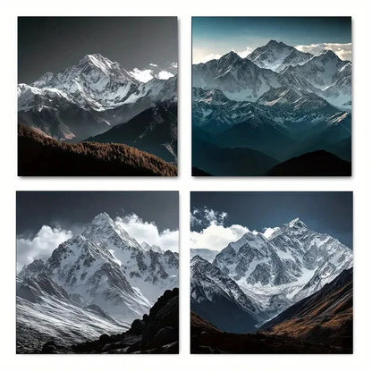 4pcs Black And White Snow Capped Mountain Wall Art Canvas Framed