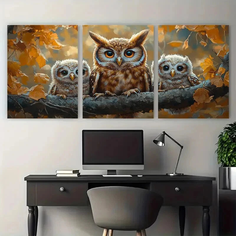 3pcs Adorable Baby Owl Family On Branch Metal Print Ready to Hang Art - Bella Home Decor