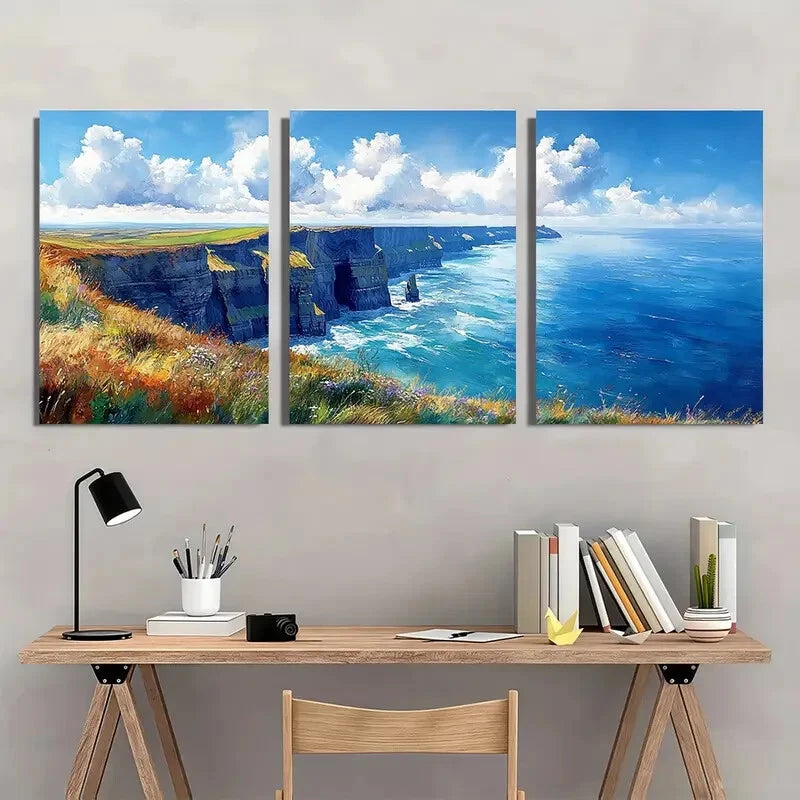 3pcs m Ireland Painting Cliffs of Moher Watercolor Metal Print Ready to Hang Art - Bella Home Decor