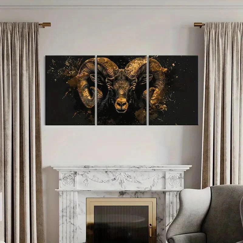 3pcs Abstract Golden Ram Artistic Splatter Metal Print Ready to Hang Art - Bella Home Decor