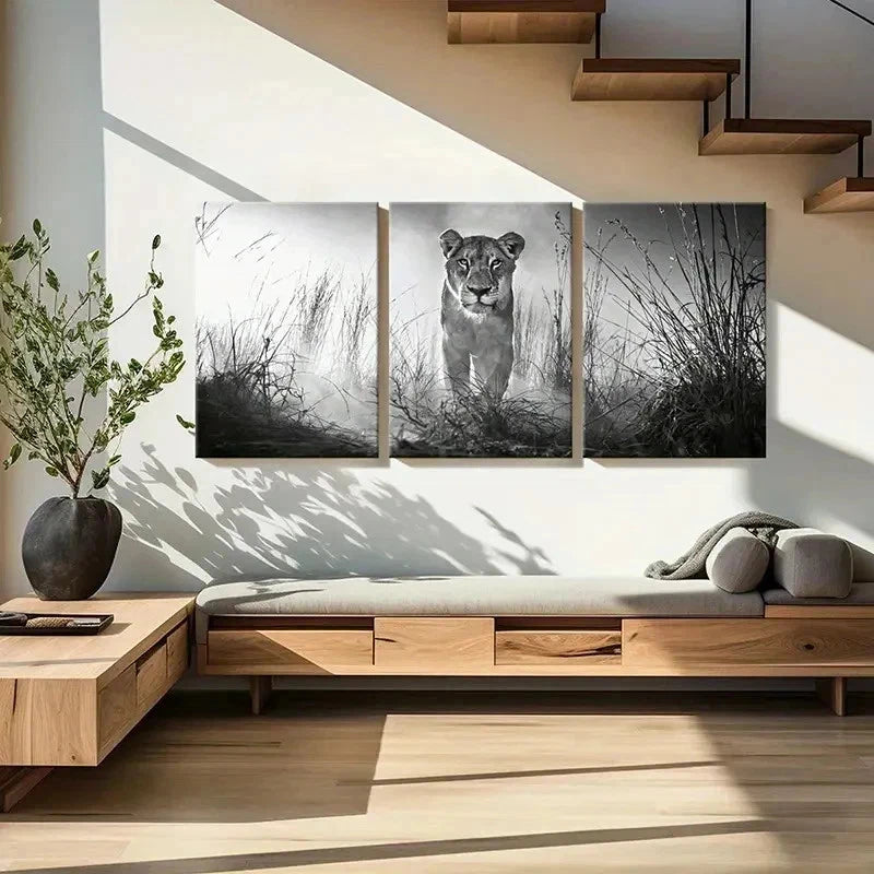 3pcs Wildlife Lion Modern Animal Painting Wall Art Set Canvas Framed 50x70cm - High Quality Print 100% Australian Made Wall Canvas Ready to Hang
