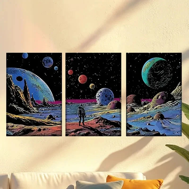 3pcs Style Posters of Man on Moon with Planets 60x90cm - High Quality Print 100% Australian Made Wall Canvas Ready to Hang - Bella Home Decor