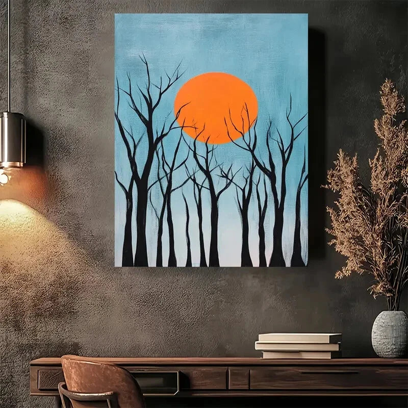 Beautiful Sunset Silhouette Trees Vintage Painting 40x60cm Metal Print Ready to Hang - Bella Home Decor