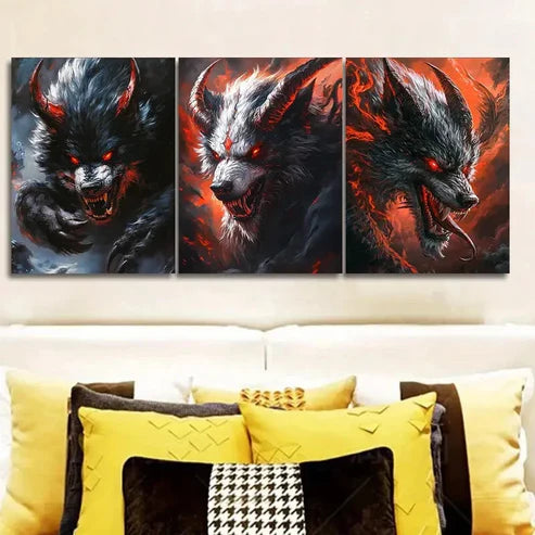 3pcs Dramatic Black & Orange Wolf Illustration Wall Art Set Canvas Unframed - High Quality Print 100% Australian Made Wall Canvas - Bella Home Decor