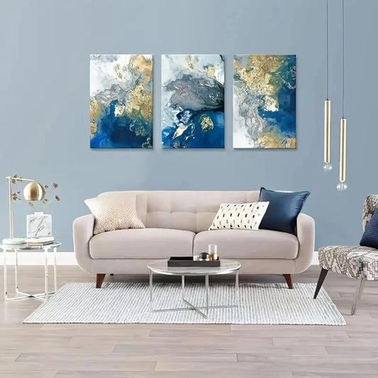 3pcs Blue Picture Golden Teal Painting Metal Print Ready to Hang Art