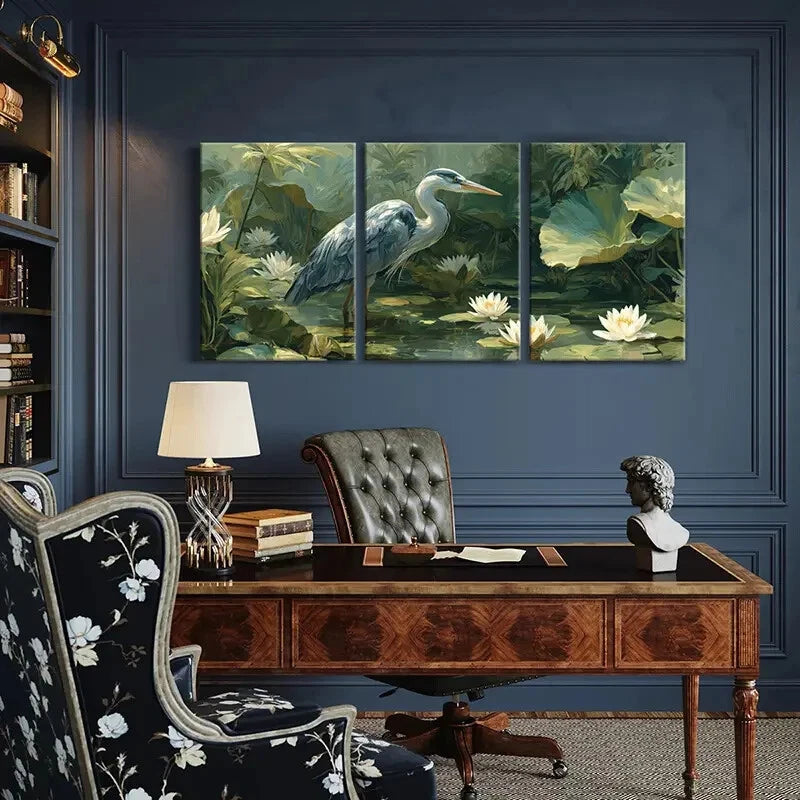 3pcs Heron Waterlily Pond Nature Landscape Metal Print Ready to Hang Art - Bella Home Decor