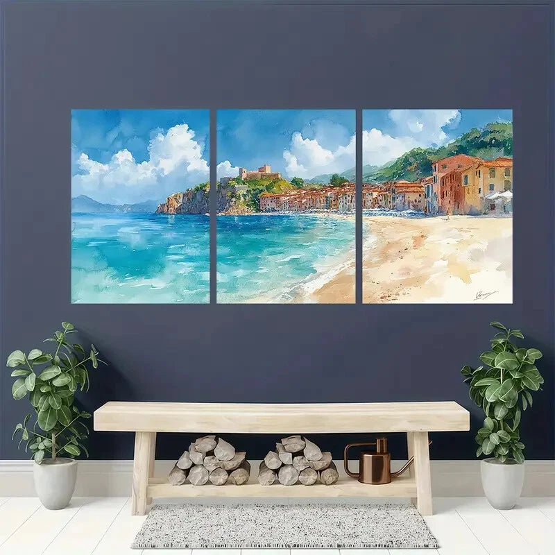 3pcs Italian Landscape Watercolor Coastal Town Metal Print Ready to Hang Art - Bella Home Decor