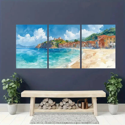 3pcs Italian Landscape Watercolor Coastal Town Metal Print Ready to Hang Art - Bella Home Decor