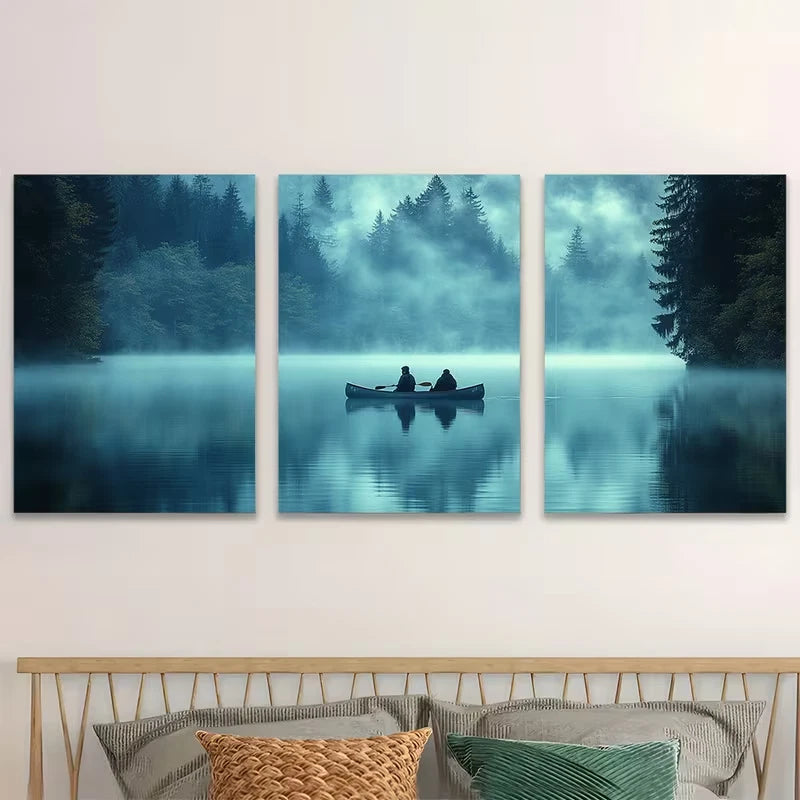3pcs Misty Lake Blue Green Atmosphere  Wall Art Set Canvas Framed 60x90cm - High Quality Print 100% Australian Made Wall Canvas Ready to Hang - Bella Home Decor